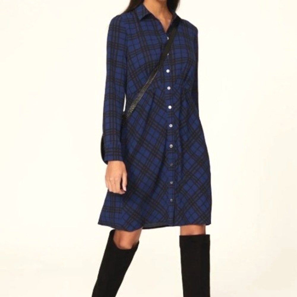 Thakoon‎ Shirt Dress Blue Womens 14 Plaid Long Sleeve Button Front Cinched Waist